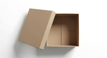 Open cardboard box with lid partially ajar on a white background