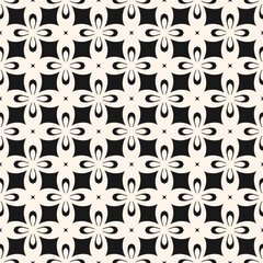 Abstract vector seamless pattern. Simple floral grid ornament with bold flower silhouettes, curved shapes. Black and white texture. Nostalgic old-fashioned background. Repeated design for print, decor