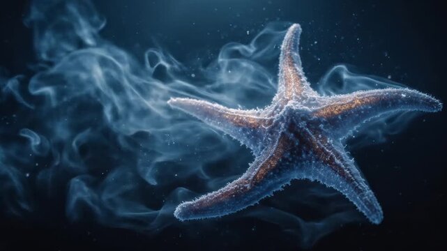A detailed underwater shot of a starfish surrounded by misty, ethereal patterns in a dark blue environment
