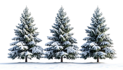 Snow covered pine trees isolated on transparent background.