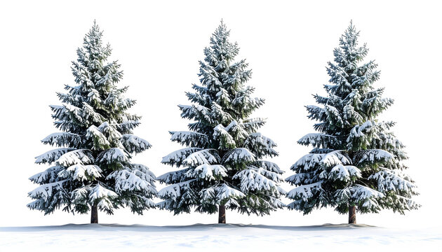 Snow covered pine trees isolated on transparent background.
