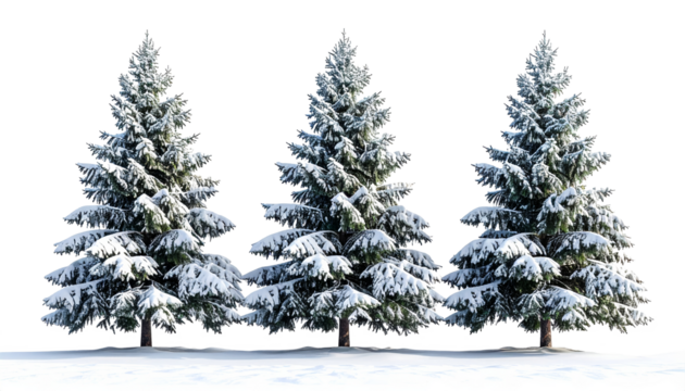 Snow covered pine trees isolated on transparent background.