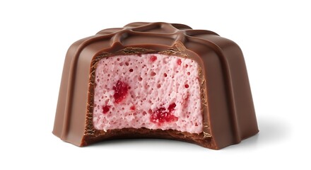 Decadent chocolate candy with a creamy pink raspberry filling and a bite