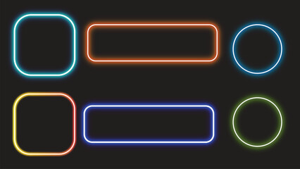 Collection of colorful glowing neon shape borders on a dark background