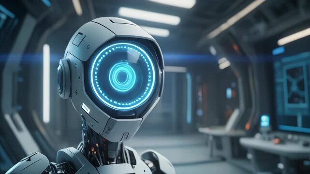 Futuristic robot head with large camera lens in a spaceship interior with desks and monitors, technology concept