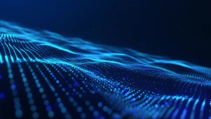Abstract flowing wave of blue digital particles on a dark background, representing data streams and technology