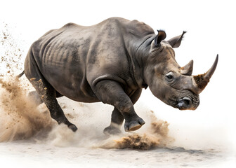 Charging rhinoceros kicking up dust in a powerful display of wildlife energy and motion