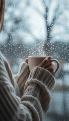 Close-up of hands in a cozy knitted sweater holding a steaming mug of hot coffee near a window with raindrops, symbolizing warmth, comfort, and winter relaxation.