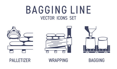 Bagging line icons set with robotic palletizing and wrapping equipment