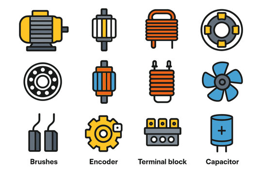 Electric components: motor, encoder, capacitor, brushes, terminal block, fan.