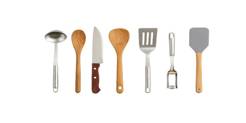 Print  Flat lay of a neatly arranged set of kitchen utensils.