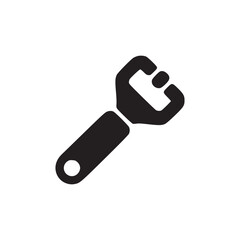 A simple black silhouette of a bottle opener with a handle and a hole on a white background