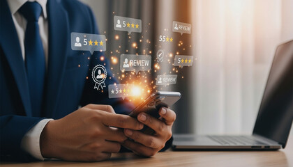 Online Reviews Boost Business Man Checks 5 Star Rating Customer Feedback on Mobile Phone for Marketing Strategy