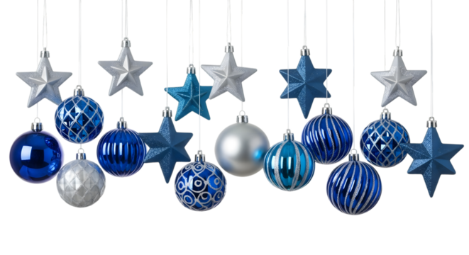 Assortment of Blue and Silver Christmas Ornaments and Stars Hanging isolated on a transparent background