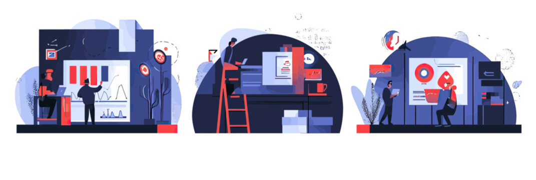 Three scenes of digital business work including data analysis with charts, brainstorming ideas on board, and marketing presentation in flat vector style