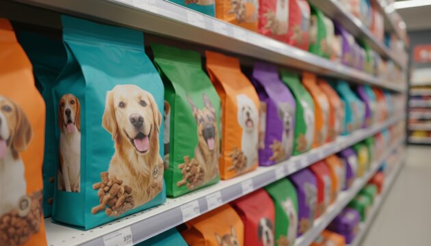 Colorful bags of dog food with animal images displayed on supermarket shelves, arranged in rows for pet product variety and choice.