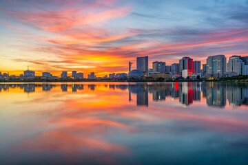 Cau Giay Park Lake Sunset, Hanoi Skyline Reflection