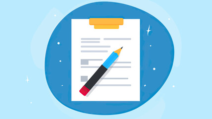 Minimalist flat style vector illustration of a pencil and checklist document on blue abstract background for task management and note taking concept