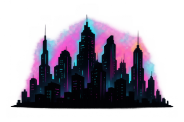 Futuristic city skyline creating a dark silhouette against a vibrant neon pink and blue glowing aura, transparent background
