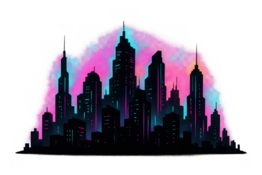 Futuristic city skyline creating a dark silhouette against a vibrant neon pink and blue glowing aura, transparent background