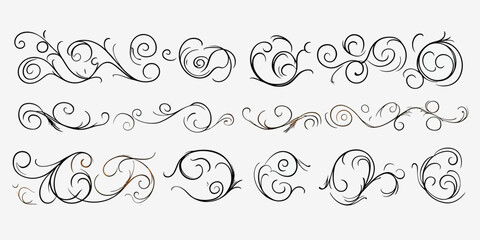 Elegant decorative swirl line flourishes collection with curled filigree ornamental elements for vintage and classical design accents in vector format