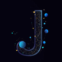 Letter J digital space design with interconnected network nodes and planets in futuristic abstract cosmic concept on dark background vector illustration