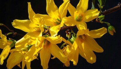 Obraz premium Close-up of bright yellow flowers blooming on a thin branch against a dark, blurred background. Sunlight illuminates the delicate petals