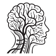 Abstract illustration of a human head profile with a treelike brain structure