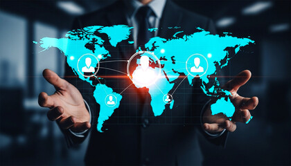 Global Network Connections A man showcases the world map and people icons in palms Digital business technology social
