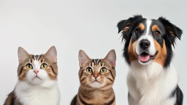 Two tabby cats and an Australian Shepherd dog posing side by side on a bright, neutral background looking upward.