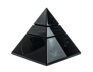 Glossy, layered pyramid in polished black marble, isolated against a solid black backdrop