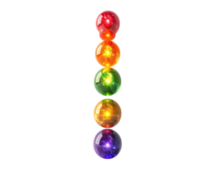 Vertical stack of glowing, translucent spheres in the colors of the rainbow, against a black background