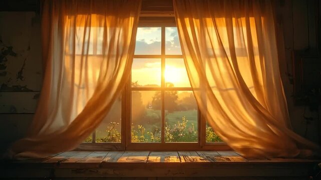 Golden sunset viewed through open window frame with curtains