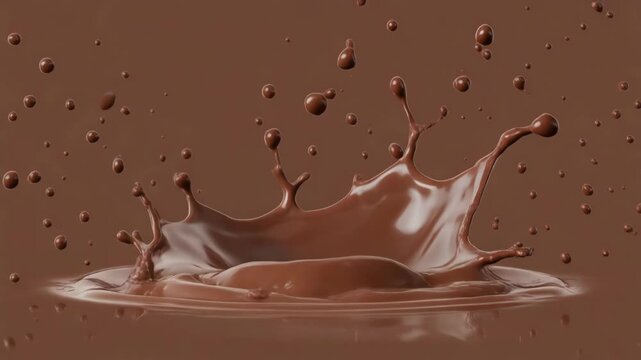 Luscious brown liquid chocolate splash with flying droplets, creating a crown-shaped effect in mid-air on a simple background