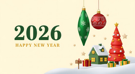 Happy New Year 2026 Christmas Winter Festive Scene with Gifts Snow Covered House Trees Ornaments Yellow Background 3D Render