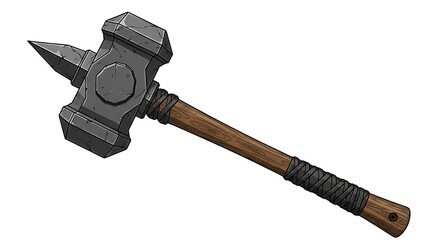 Heavy Duty Blacksmith Hammer with Wooden Handle and Sharp Spike.