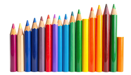 Assortment of vibrant, sharpened coloring pencils arranged in a row. Isolated on a black background