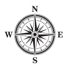 A classic black and white compass rose graphic, isolated on a, showing cardinal directions n, s, e, w