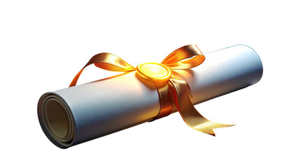 Rolled parchment tied with a golden ribbon and wax seal, set against a black backdrop