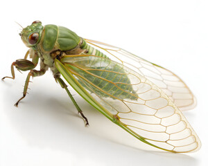 Green cicada resting with transparent wings showing intricate patterns in a white setting