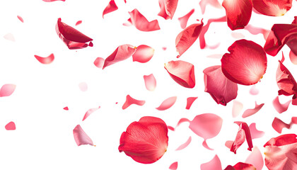 A cascade of delicate pink and red rose petals float against a stark black background