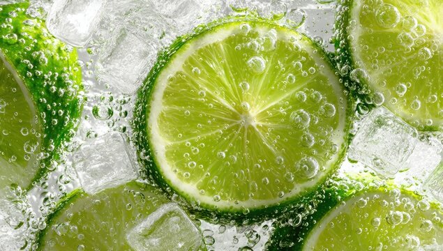 Sparkling lime slices in ice water