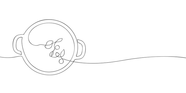 Minimalist line art illustration of a cooking pot with side handles, viewed from above, containing a few stylized herbs or leaves floating inside