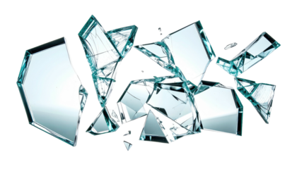 Digitally created fragmented glass shards in varying sizes, against a black backdrop