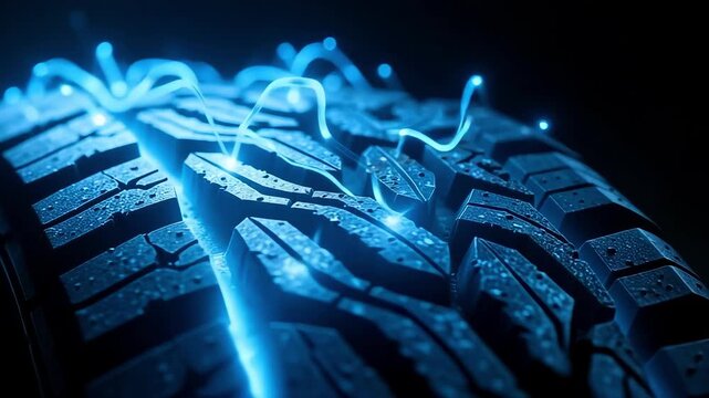 Macro View of Tire Tread Detail with Blue Motion Lighting Showing Grip, Strength, and Performance