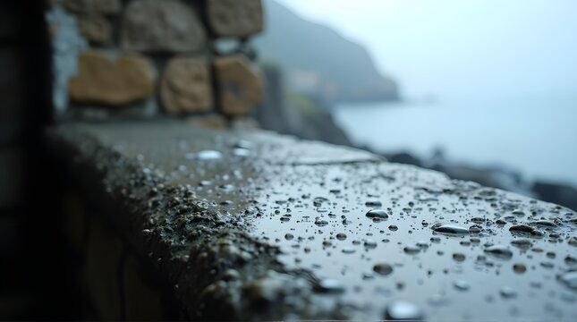 Moody seaside escape with rain droplets clinging to weathered stone, creating a serene and reflective atmosphere, perfect for travel blogs or coastal living inspiration
