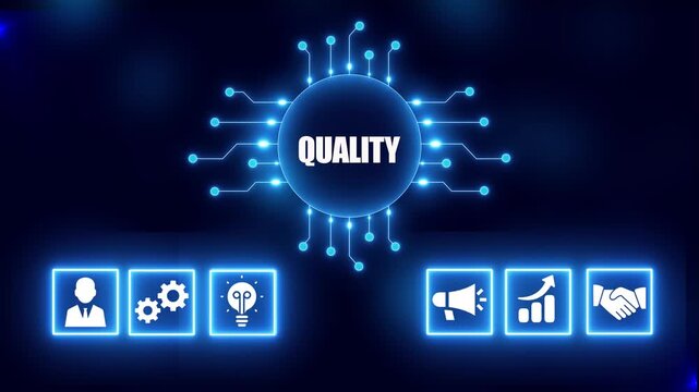 Quality Concept with Icons and Circuit Board Design on Dark Blue Background excellence standard
