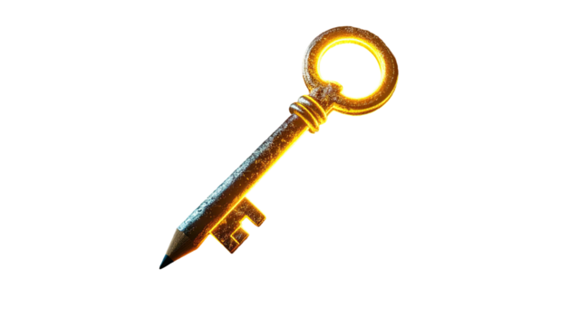 Glowing antique skeleton key, rendered in a 3D digital illustration, against a pure black background