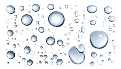Rendered collection of various sized water droplets, showcasing transparency, and reflection on a black backdrop