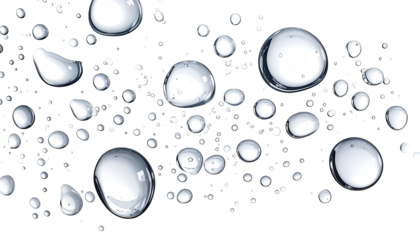 Transparent water droplets of varying sizes against a black background
